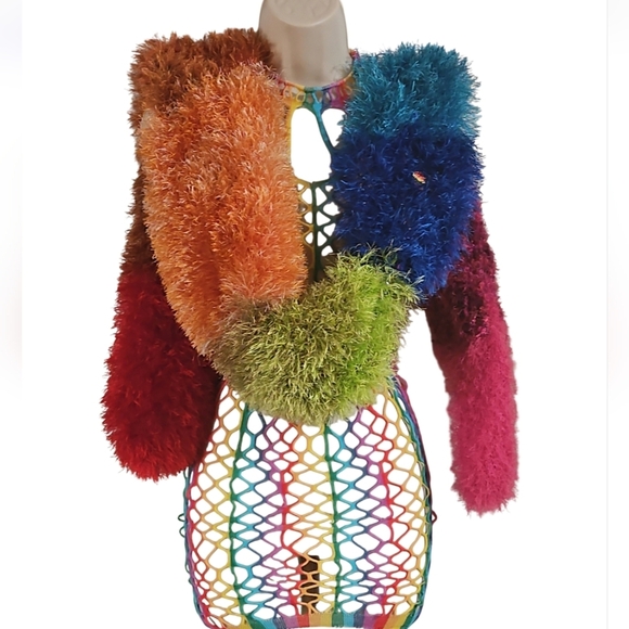 Hand Crafted Eyelash yarn Furry Knit Scarf Rainbow faux Fur LGBTQA+ Boa Scarf - Picture 3 of 17